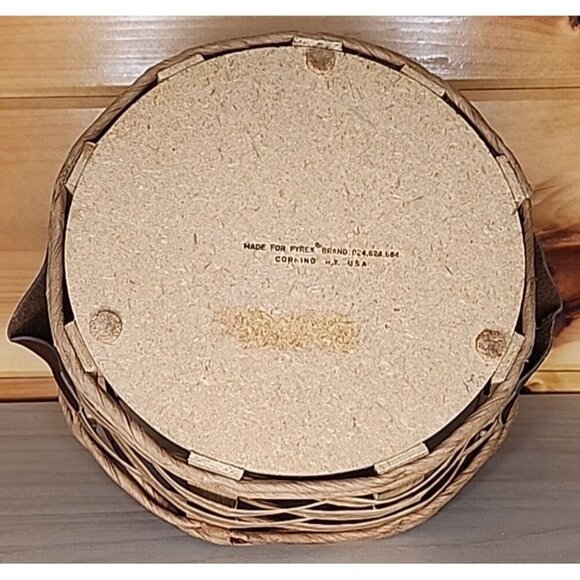 Vintage Pyrex Casserole Dish Holder Wicker Round Basket Leather Handles - Picture 2 of 9